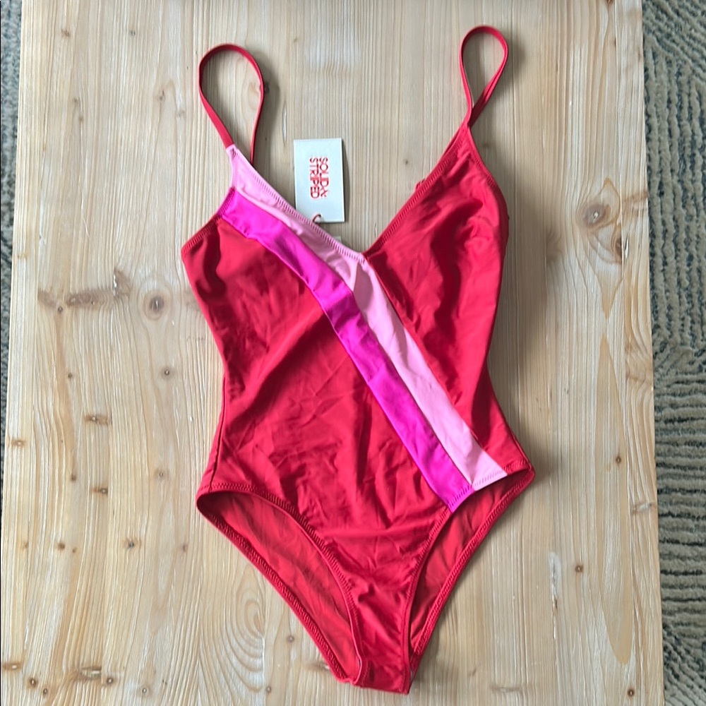 SOLID & STRIPED Vivid Red Swimsuit with Pink Accents
